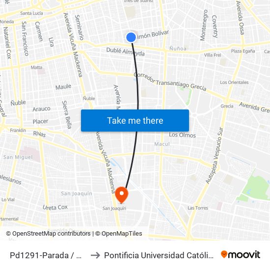 Pd1291-Parada / Hospital De Carabineros to Pontificia Universidad Católica De Chile - Campus San Joaquín map