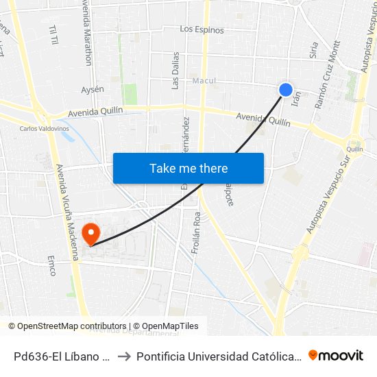 Pd636-El Líbano / Esq. Los Plátanos to Pontificia Universidad Católica De Chile - Campus San Joaquín map