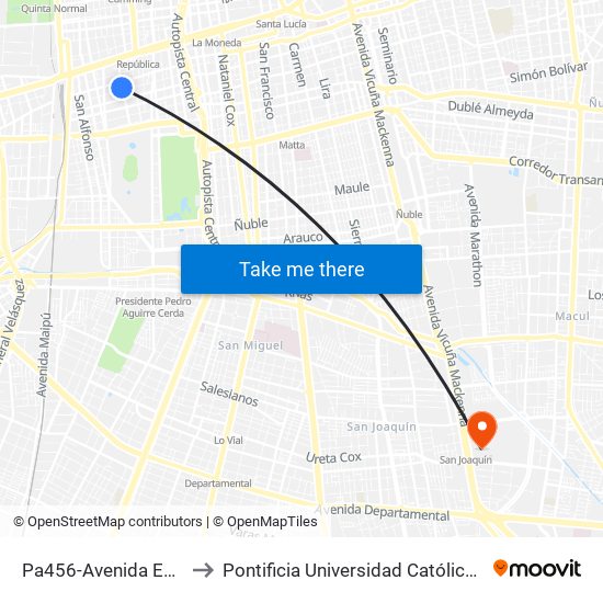 Pa456-Avenida España / Esq. Grajales to Pontificia Universidad Católica De Chile - Campus San Joaquín map