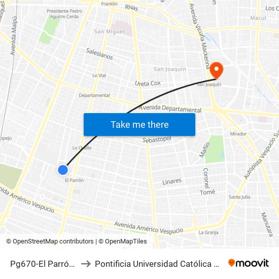 Pg670-El Parrón / Esq. Ciencias to Pontificia Universidad Católica De Chile - Campus San Joaquín map