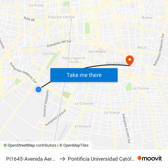 Pi1645-Avenida Aeropuerto / Esq. Vista Alegre to Pontificia Universidad Católica De Chile - Campus San Joaquín map