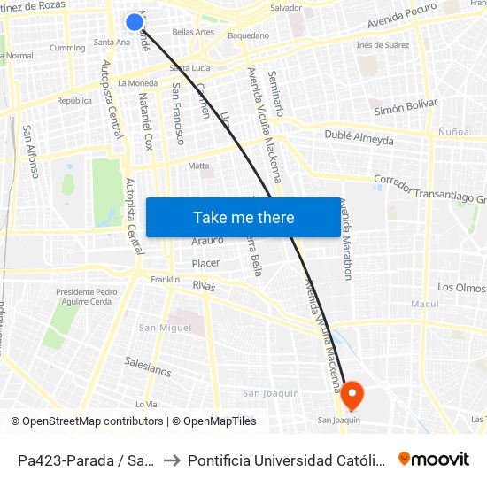 Pa423-Parada / Santo Domingo - Teatinos to Pontificia Universidad Católica De Chile - Campus San Joaquín map