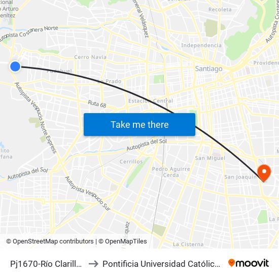 Pj1670-Río Clarillo / Esq. Río Trancura to Pontificia Universidad Católica De Chile - Campus San Joaquín map