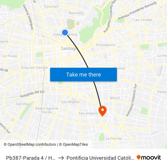 Pb387-Parada 4 / Hospital Clínico U. De Chile to Pontificia Universidad Católica De Chile - Campus San Joaquín map