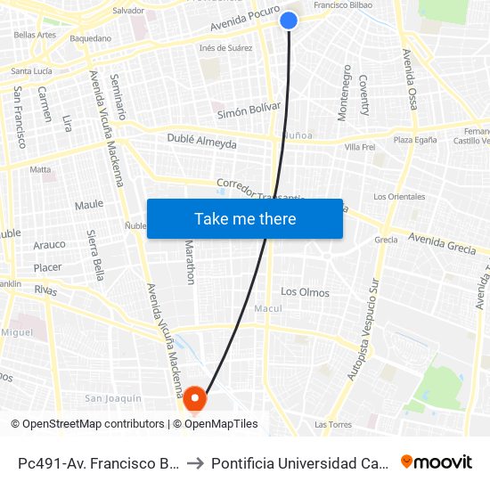 Pc491-Av. Francisco Bilbao / Esq. Hernando De Aguirre to Pontificia Universidad Católica De Chile - Campus San Joaquín map