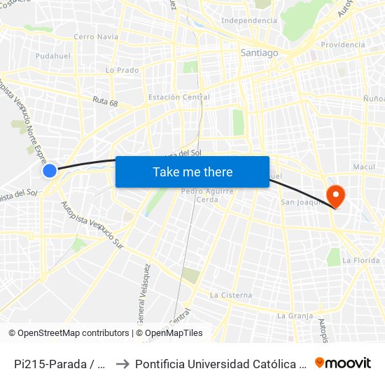 Pi215-Parada / Mall Arauco Maipú to Pontificia Universidad Católica De Chile - Campus San Joaquín map