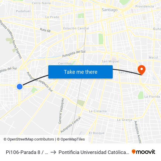 Pi106-Parada 8 / (M) Plaza De Maipú to Pontificia Universidad Católica De Chile - Campus San Joaquín map