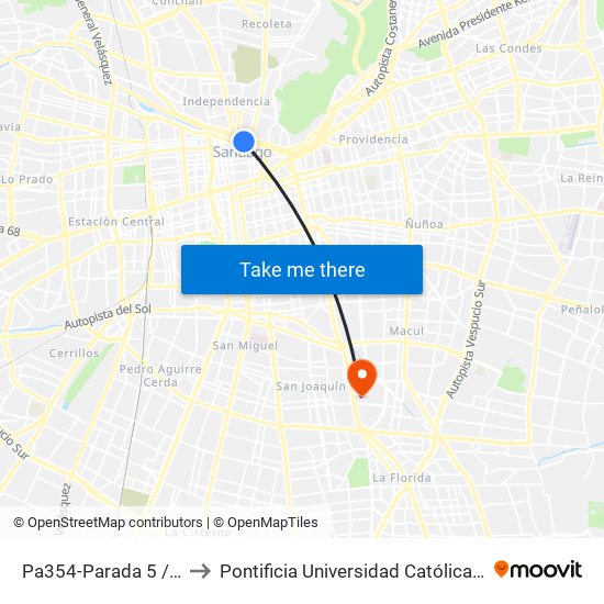 Pa354-Parada 5 / Estación Mapocho to Pontificia Universidad Católica De Chile - Campus San Joaquín map