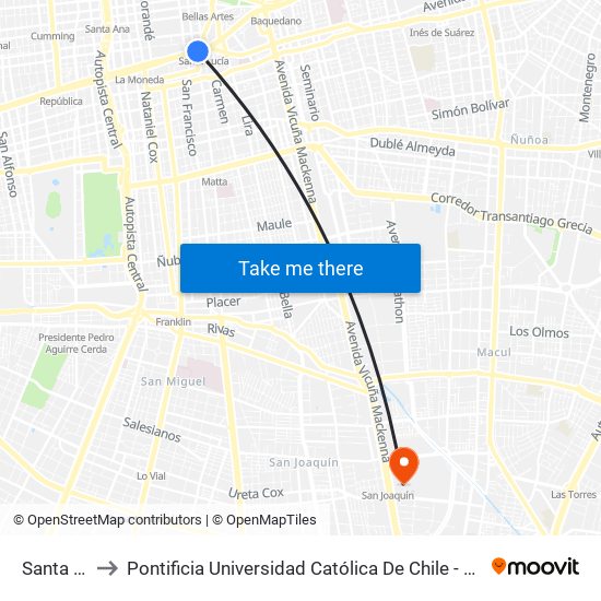 Santa Lucía to Pontificia Universidad Católica De Chile - Campus San Joaquín map