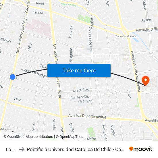 Lo Vial to Pontificia Universidad Católica De Chile - Campus San Joaquín map