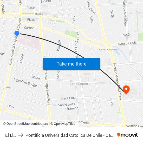 El Llano to Pontificia Universidad Católica De Chile - Campus San Joaquín map