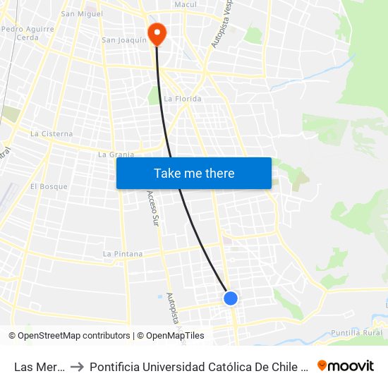 Las Mercedes to Pontificia Universidad Católica De Chile - Campus San Joaquín map