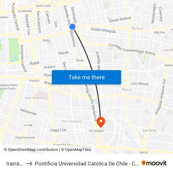 Irarrázaval to Pontificia Universidad Católica De Chile - Campus San Joaquín map