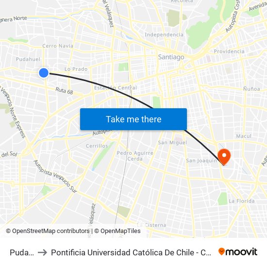 Pudahuel to Pontificia Universidad Católica De Chile - Campus San Joaquín map