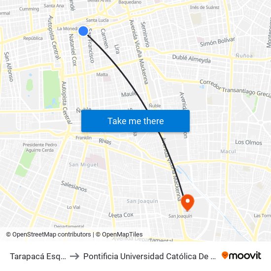 Tarapacá Esq. Arturo Prat to Pontificia Universidad Católica De Chile - Campus San Joaquín map