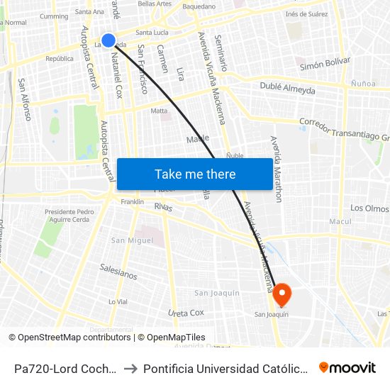 Pa720-Lord Cochrane / Esq. Alameda to Pontificia Universidad Católica De Chile - Campus San Joaquín map