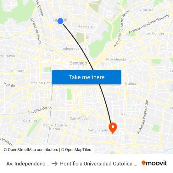 Av. Independencia Esq. Av. Dorsal to Pontificia Universidad Católica De Chile - Campus San Joaquín map