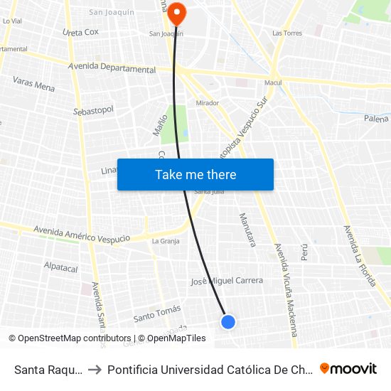 Santa Raquel, 10822 to Pontificia Universidad Católica De Chile - Campus San Joaquín map