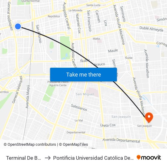 Terminal De Buses Alameda to Pontificia Universidad Católica De Chile - Campus San Joaquín map