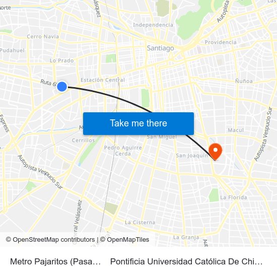 Metro Pajaritos (Pasarela Valle Verde) to Pontificia Universidad Católica De Chile - Campus San Joaquín map