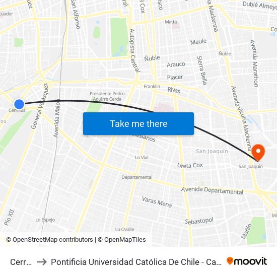 Cerrillos to Pontificia Universidad Católica De Chile - Campus San Joaquín map