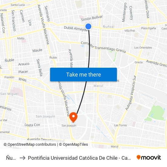 Ñuñoa to Pontificia Universidad Católica De Chile - Campus San Joaquín map