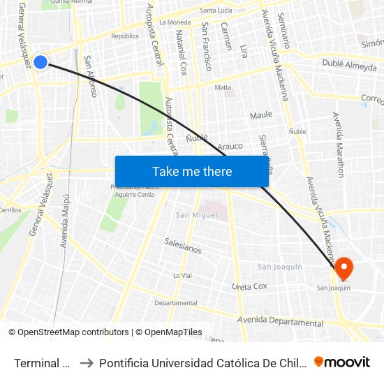 Terminal Alameda to Pontificia Universidad Católica De Chile - Campus San Joaquín map