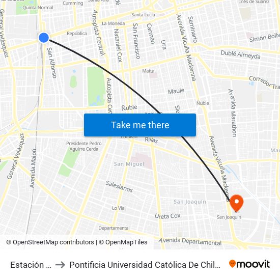 Estación Central to Pontificia Universidad Católica De Chile - Campus San Joaquín map