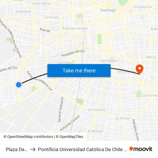 Plaza De Maipú to Pontificia Universidad Católica De Chile - Campus San Joaquín map