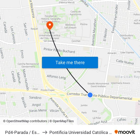 Pd4-Parada / Estadio Monumental to Pontificia Universidad Católica De Chile - Campus San Joaquín map