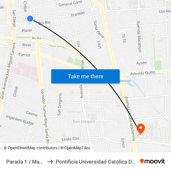 Parada 1 / Matadero Franklin to Pontificia Universidad Católica De Chile - Campus San Joaquín map