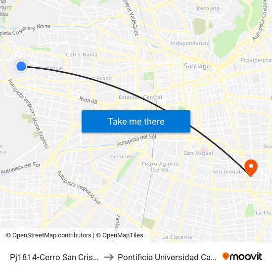 Pj1814-Cerro San Cristóbal / Esq. Av. J. Guzmán Riesco to Pontificia Universidad Católica De Chile - Campus San Joaquín map