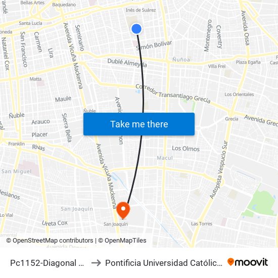 Pc1152-Diagonal Oriente / Esq. Granada to Pontificia Universidad Católica De Chile - Campus San Joaquín map