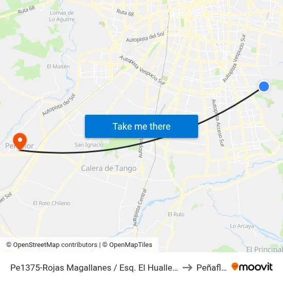 Pe1375-Rojas Magallanes / Esq. El Hualle Sur to Peñaflor map