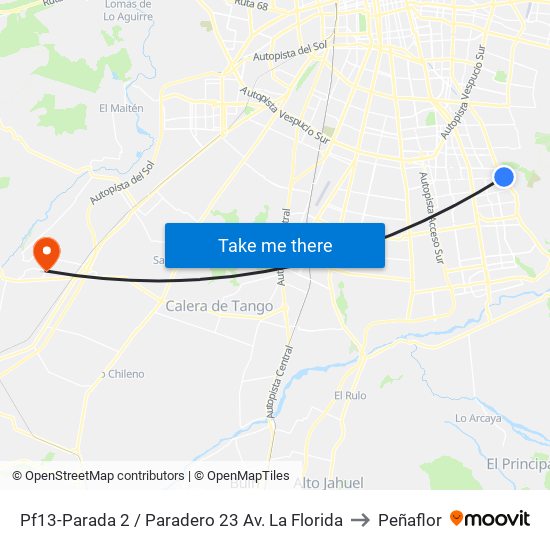 Pf13-Parada 2 / Paradero 23 Av. La Florida to Peñaflor map