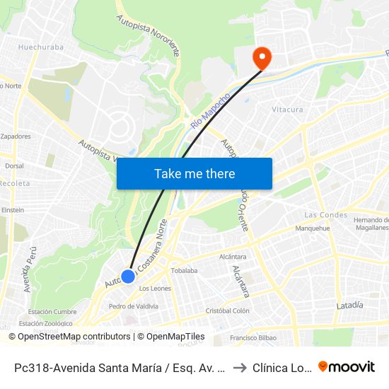 Pc318-Avenida Santa María / Esq. Av. Pedro De Valdivia to Clínica Lo Curro map