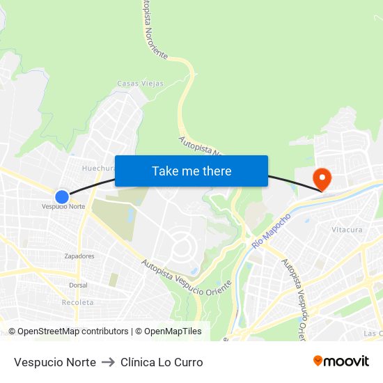 Vespucio Norte to Clínica Lo Curro map