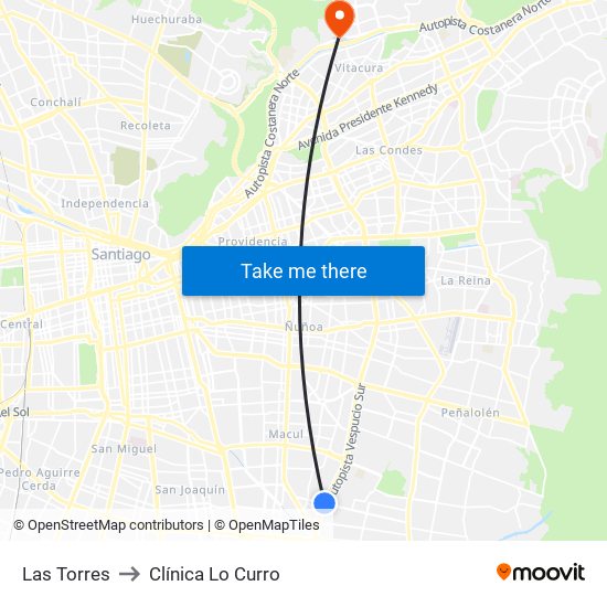 Las Torres to Clínica Lo Curro map