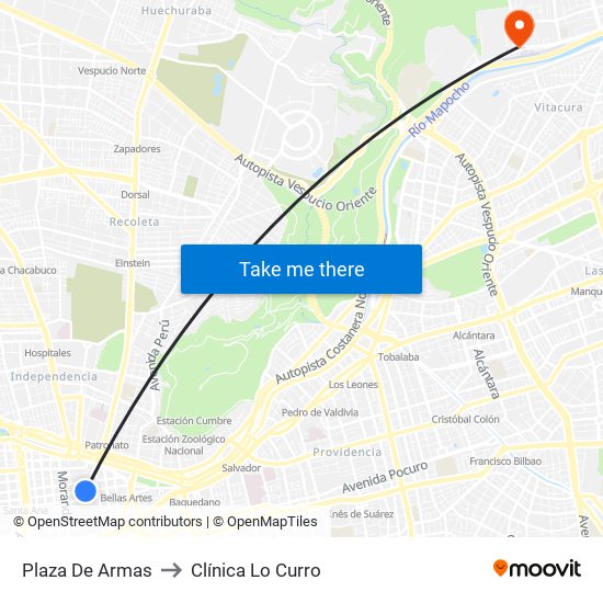 Plaza De Armas to Clínica Lo Curro map