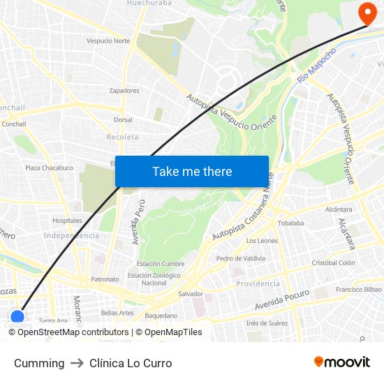 Cumming to Clínica Lo Curro map
