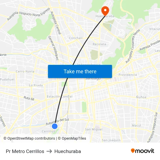 Pr Metro Cerrillos to Huechuraba map