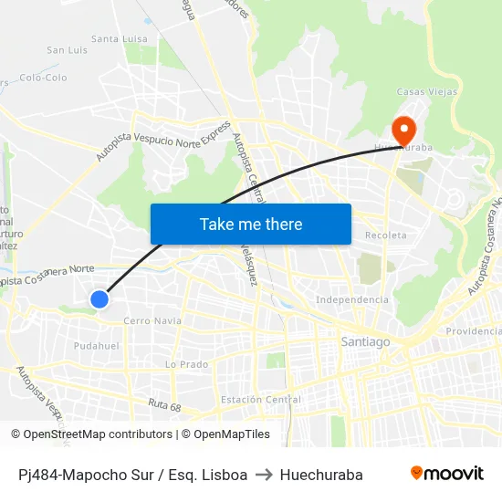 Pj484-Mapocho Sur / Esq. Lisboa to Huechuraba map