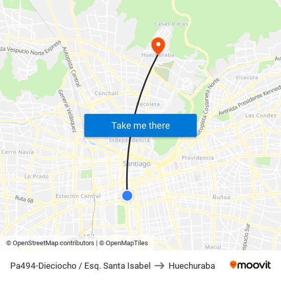 Pa494-Dieciocho / Esq. Santa Isabel to Huechuraba map