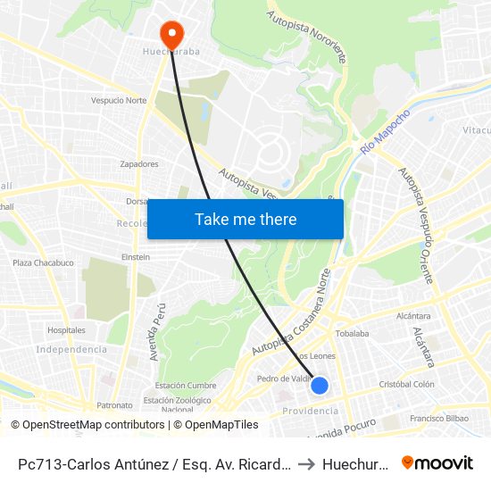 Pc713-Carlos Antúnez / Esq. Av. Ricardo Lyon to Huechuraba map
