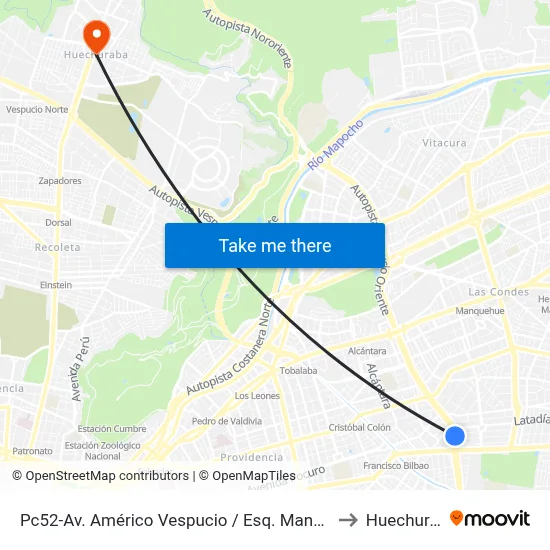 Pc52-Av. Américo Vespucio / Esq. Manuel Barrios to Huechuraba map