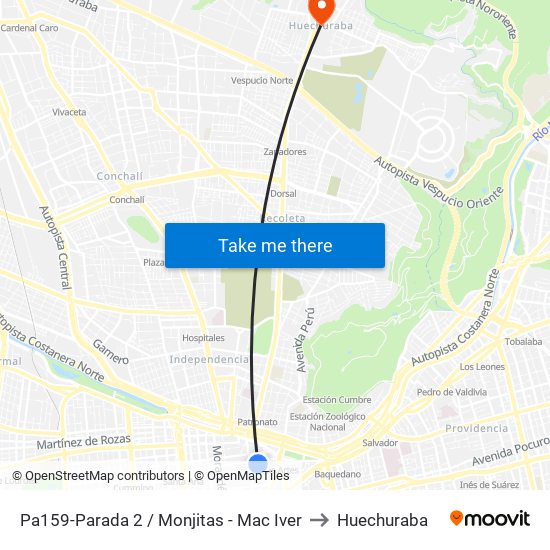 Pa159-Parada 2 / Monjitas - Mac Iver to Huechuraba map