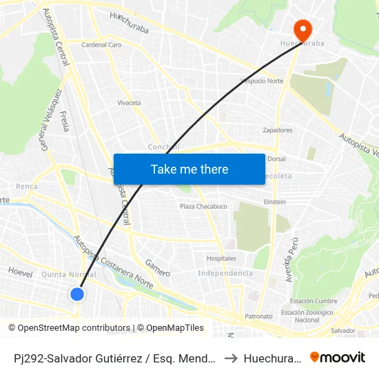 Pj292-Salvador Gutiérrez / Esq. Mendoza to Huechuraba map