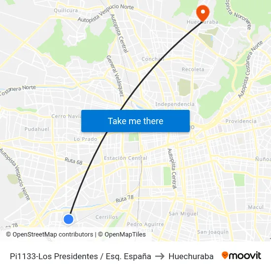 Pi1133-Los Presidentes / Esq. España to Huechuraba map