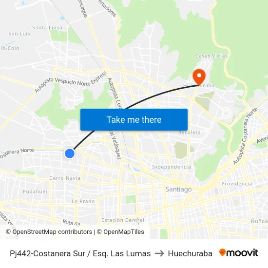 Pj442-Costanera Sur / Esq. Las Lumas to Huechuraba map