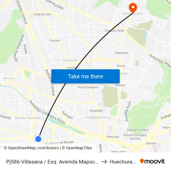 Pj586-Villasana / Esq. Avenida Mapocho to Huechuraba map